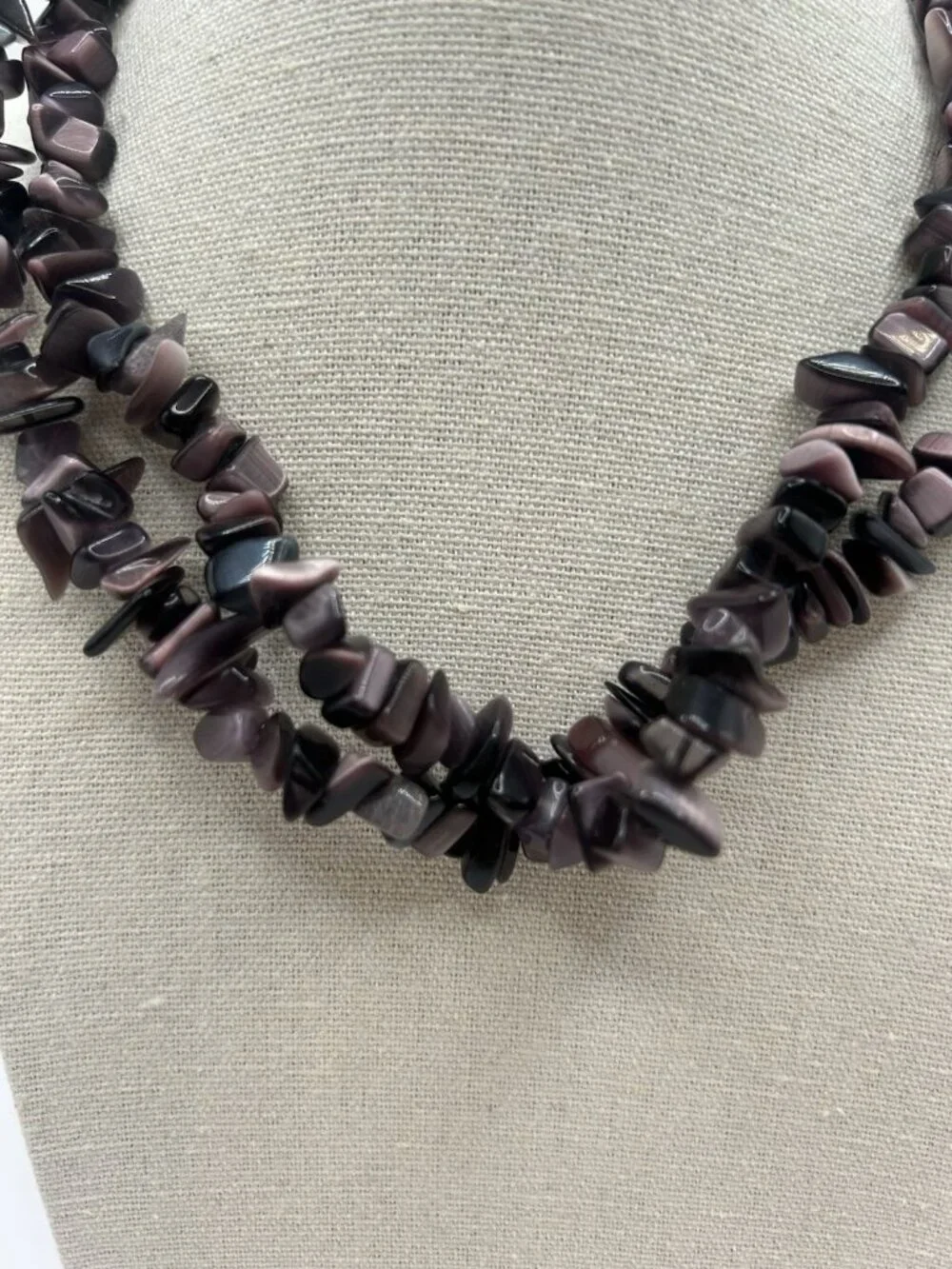 Purple Cat’s Eye Glass Chip Necklace Long 32” Boho Statement Vintage Jewelry
